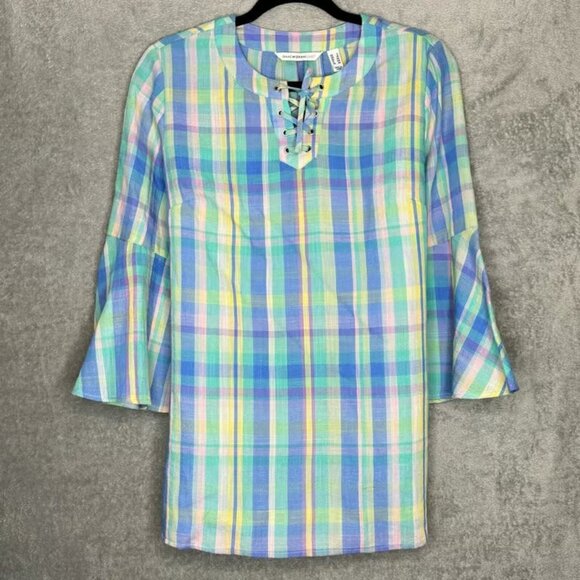 Isaac Mizrahi Tops - Isaac Mizrahi S Small Top Shirt Blue Green Plaid Flared 3/4 Sleeve Round Neck
